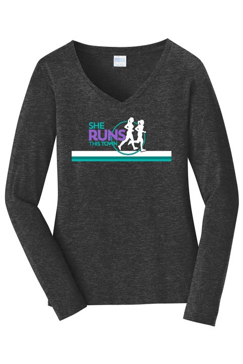She Runs This Town: Women's Long Sleeve Cotton V-Neck T-Shirt