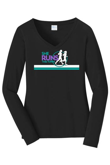 She Runs This Town: Women's Long Sleeve Cotton V-Neck T-Shirt
