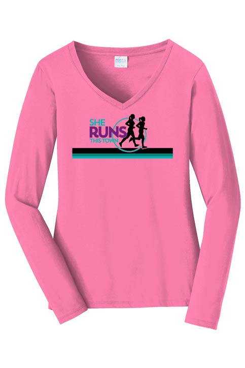 She Runs This Town: Women's Long Sleeve Cotton V-Neck T-Shirt