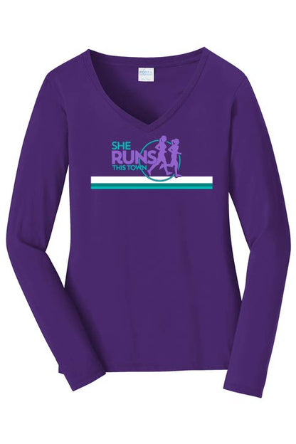 She Runs This Town: Women's Long Sleeve Cotton V-Neck T-Shirt