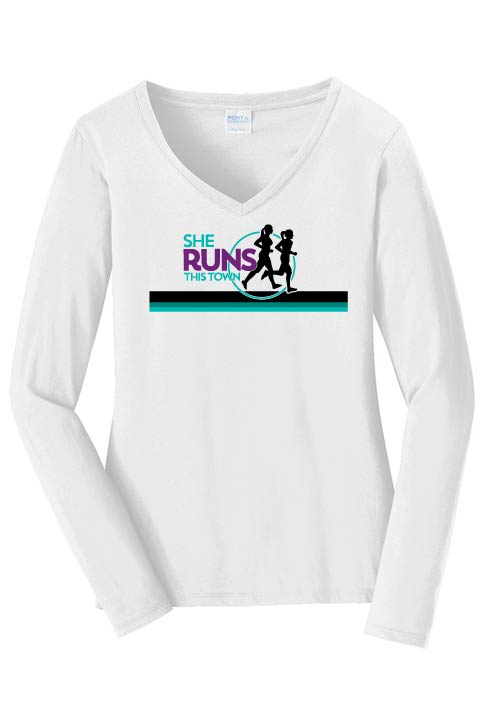 She Runs This Town: Women's Long Sleeve Cotton V-Neck T-Shirt