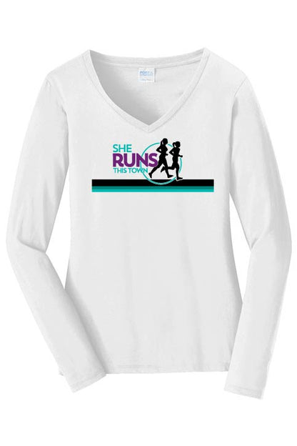 She Runs This Town: Women's Long Sleeve Cotton V-Neck T-Shirt